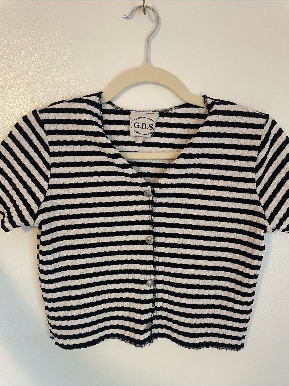 G.B.S. Black and white stripped button brown short sleeve top - Picture 5 of 6